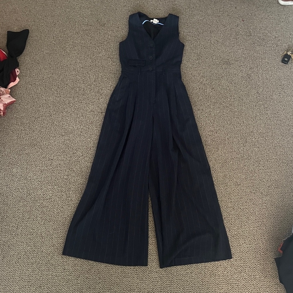 Anthropologie Navy Pinstripe Jumpsuit - Picture 3 of 10